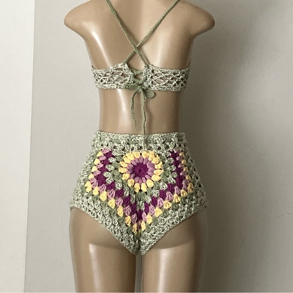 Summer Crochet Crop Tank Cheeky Shorts Set Granny Squares Sexy M High Waist - Picture 6 of 16